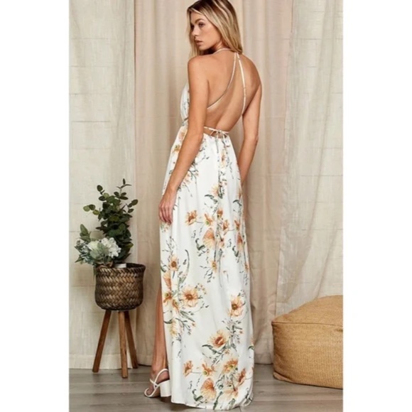 White Floral Print Halter Open Back Maxi Full Long Length Dress Gown W/ Slit - Picture 6 of 7